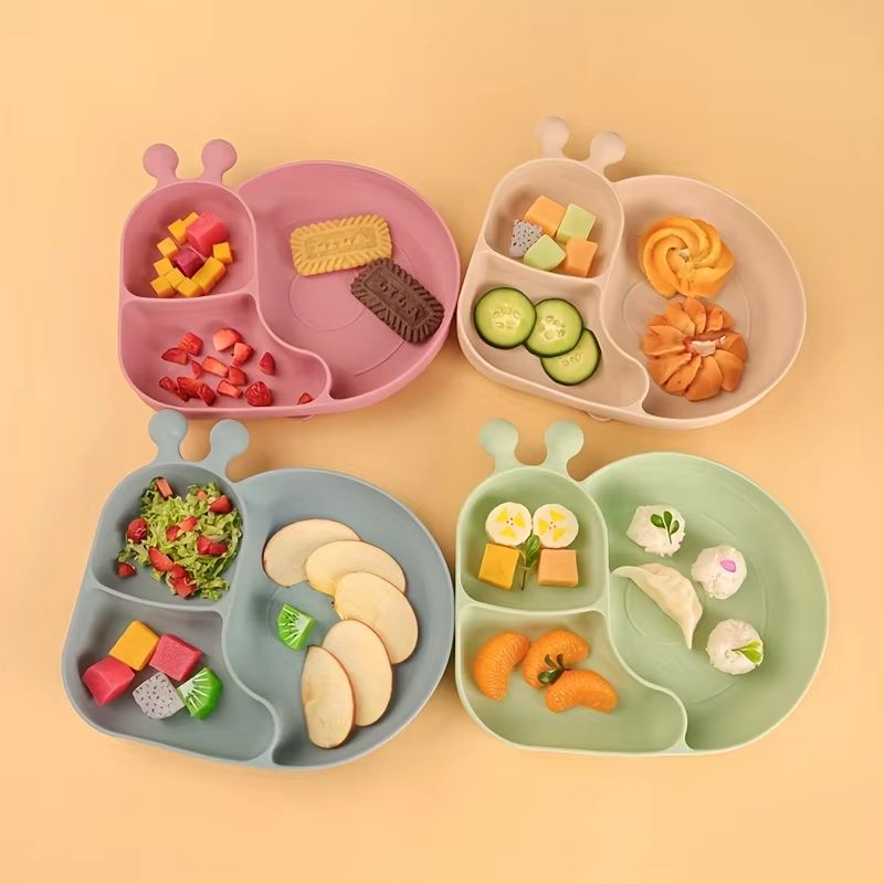 Silicone Baby Food Plates with Suction Cups 3-Grid Cartoon Dinner Tableware for Toddlers