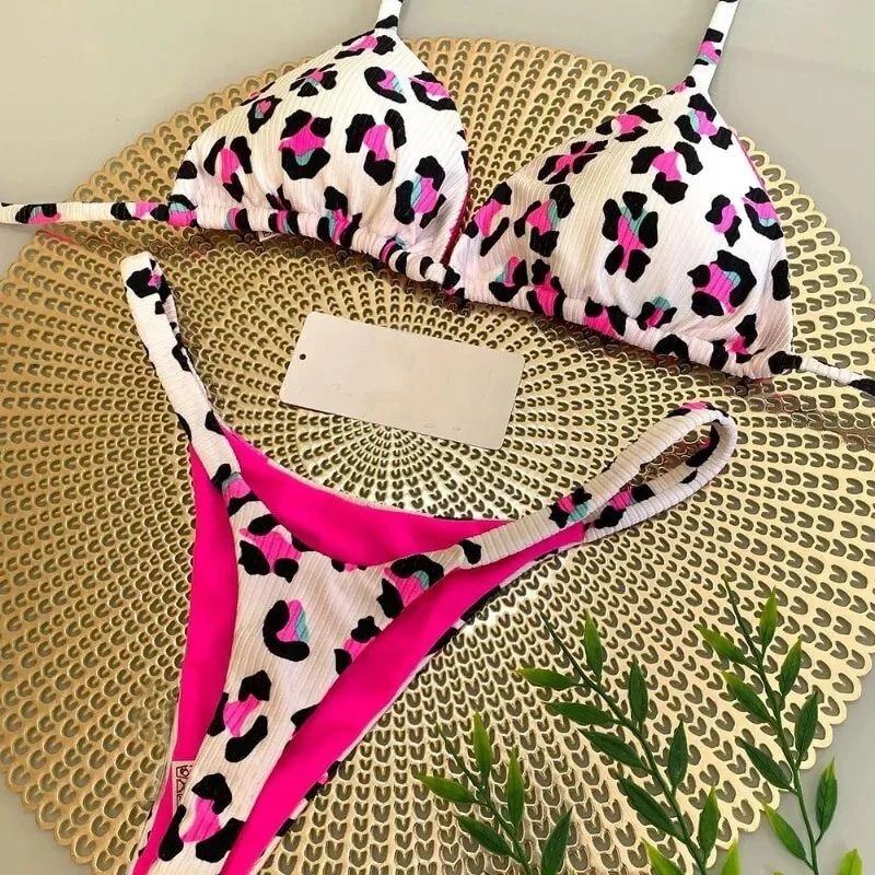 Womens Split Print G-String Bikini Set Sexy Beach Swimwear