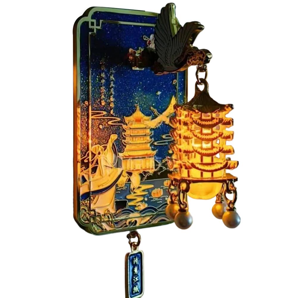 Unique Chinese Style LED Fridge Magnet, Light Up Metal Souvenir, Yellow Crane Tower with Cherry Blossom Gift