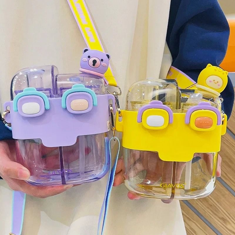Large Capacity Kids Water Bottle with Straw Double Compartment Cartoon Design