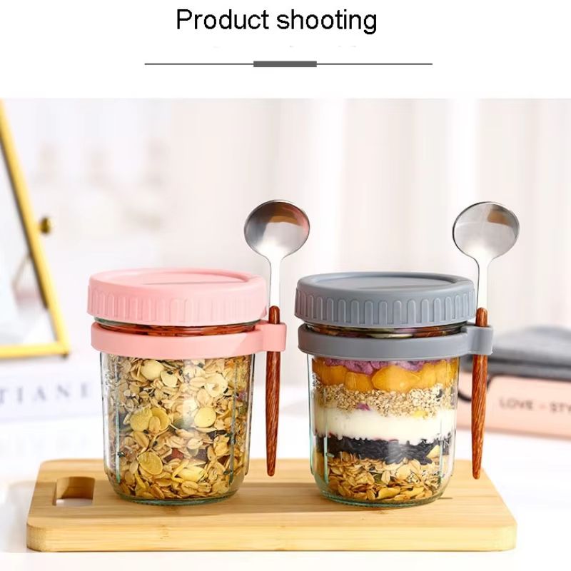 High-Value Oat Cup – Transparent Glass with Lid, Spoon, and Scale, Multi-Color Breakfast Cup