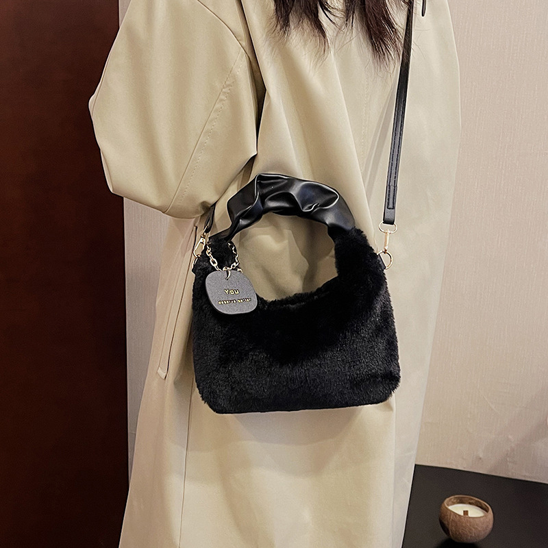 Faux Fur Plush Half Moon Shoulder Bag for Women Soft Crossbody Winter Handbag