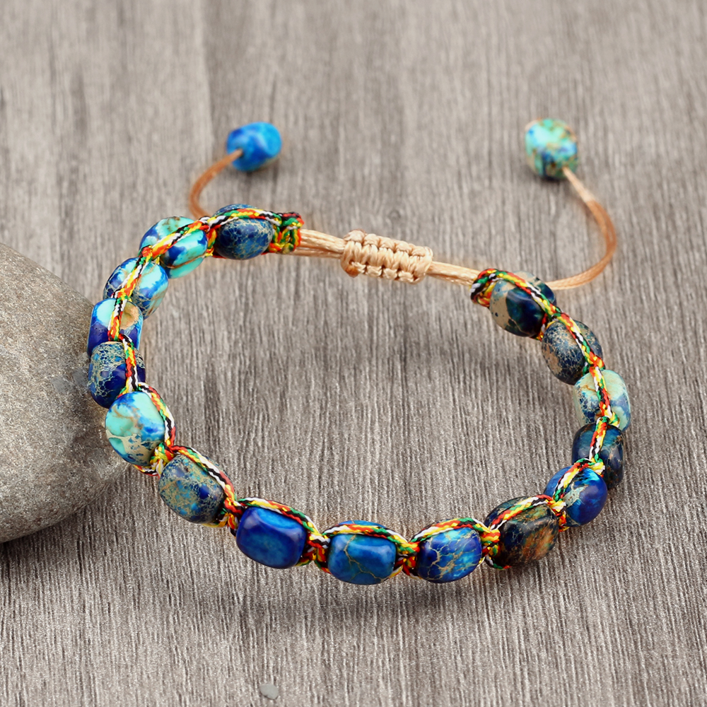 Natural Stone Square Beads Bracelets for Women and Men, Braided Rope Handmade Adjustable Bangles