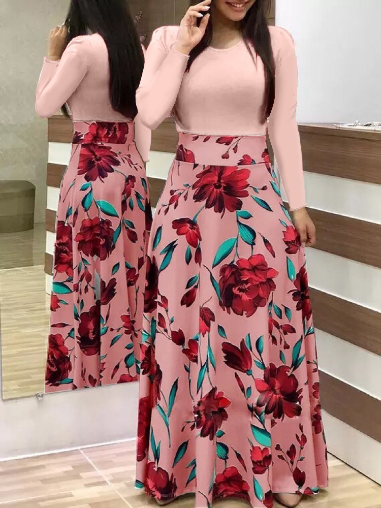 Long Dresses Autumn Flower Color Matching Dresses Women's Clothing