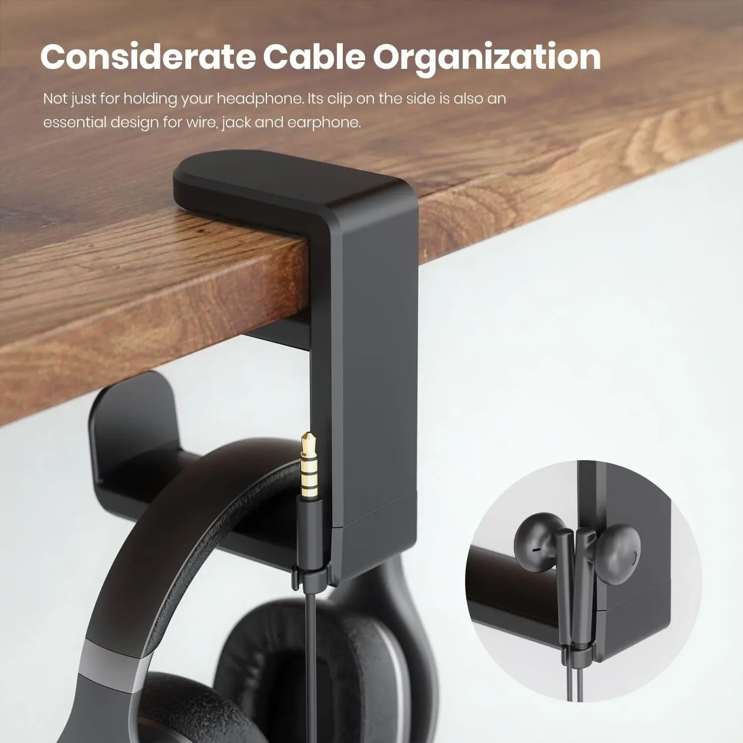 360° Rotating No-Drill Desk Headphone Hanger Clip - Under Desk Headset Holder & Multi-Purpose Hook