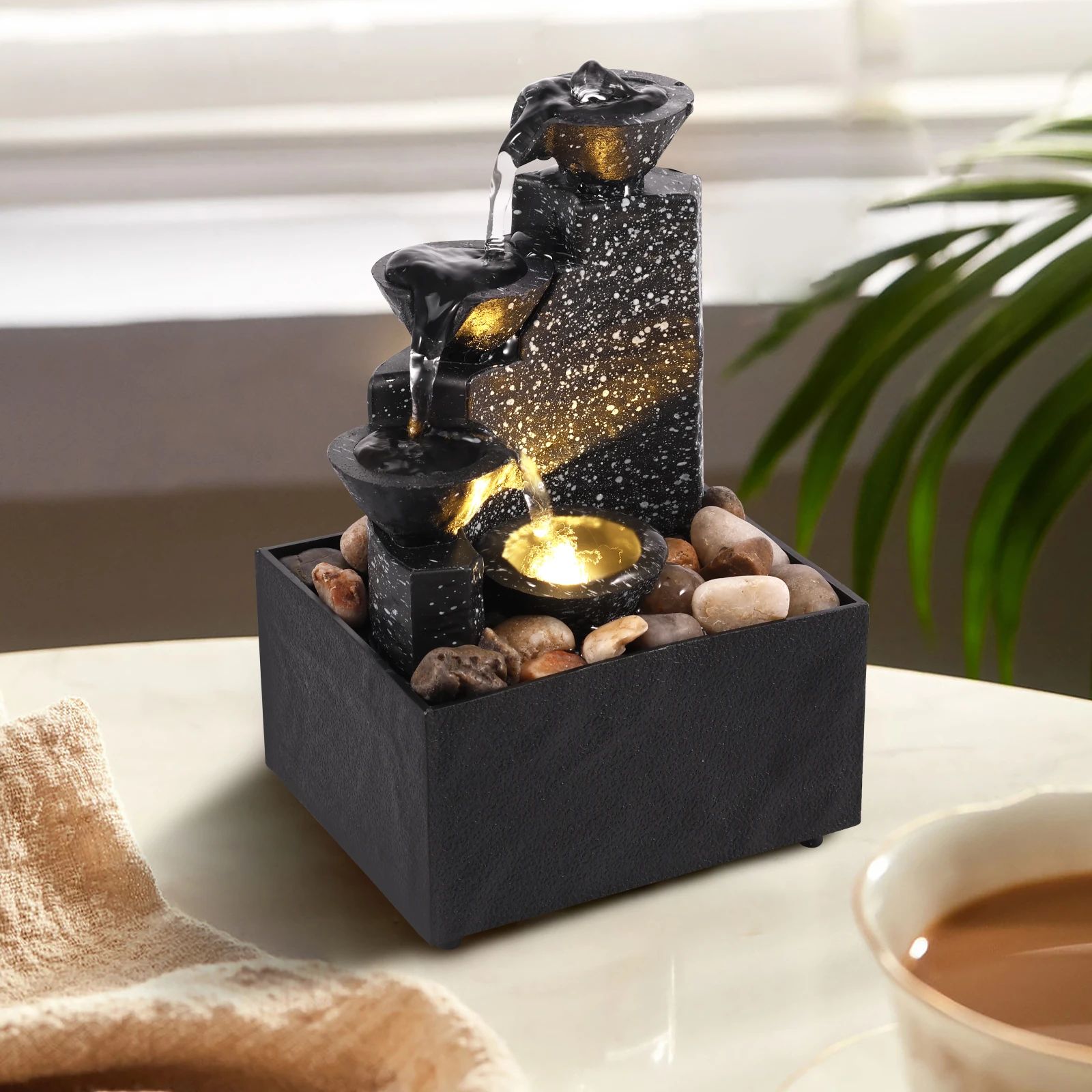 TranquilFlow Indoor Waterfall Fountain – Zen Desktop Fountain with Soft Lights & Relaxing Water Feature