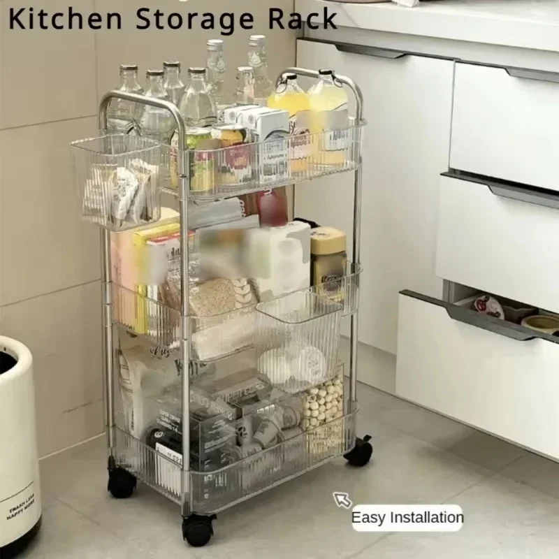 Clear Acrylic Mobile Cart, Multilayer Storage Rack with Wheels, Snack Storage Shelf for Living Room, Removable Bathroom