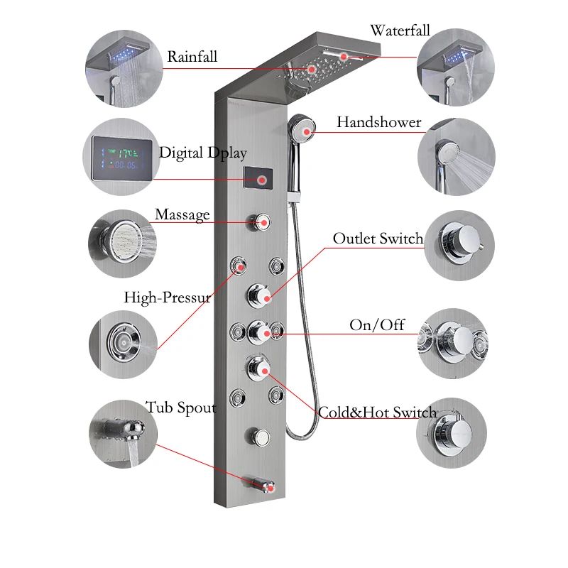 LED Light Bathroom Shower Faucet Set, Rainfall Panel System with Digital Temperature Display, Massage SPA Jets, and Bat