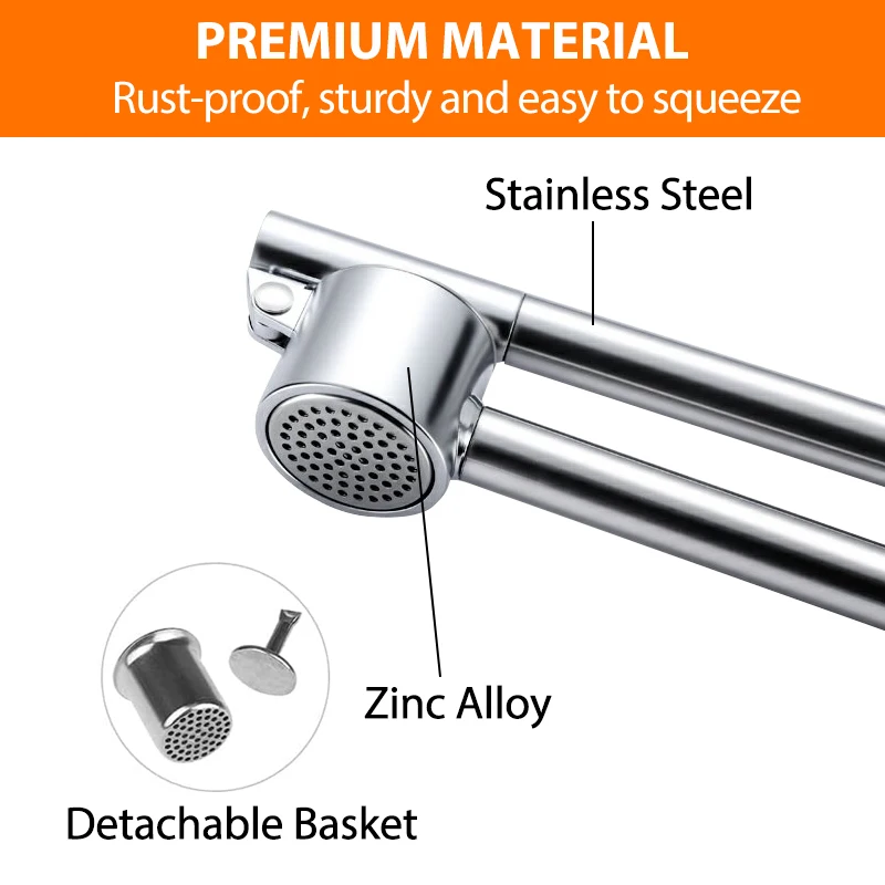 Garlic Press Mincer, Stainless Steel Garlic Crusher, Rust-Proof and Detachable Kitchen Gadget
