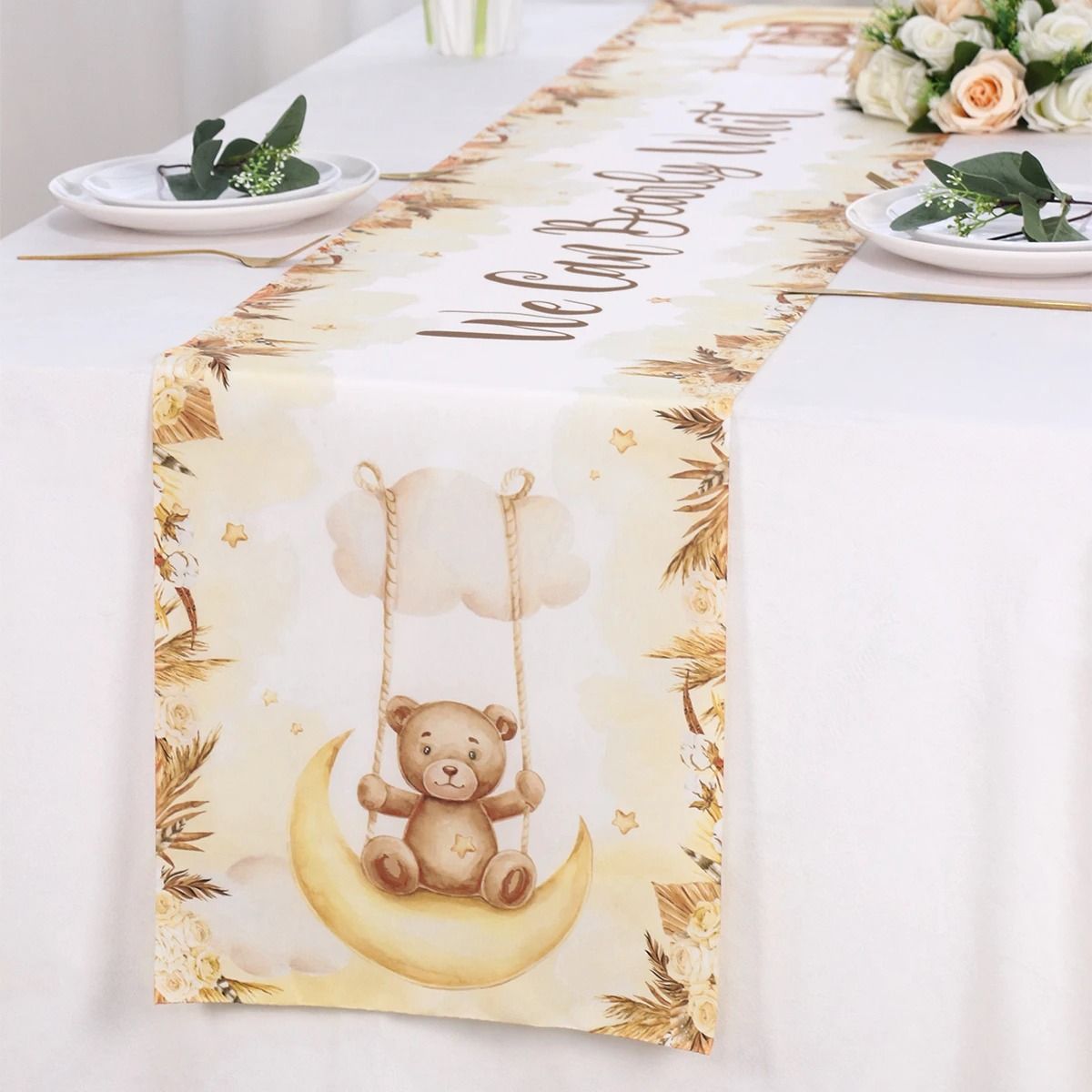 Teddy Bear Pattern 1st Birthday Table Runner