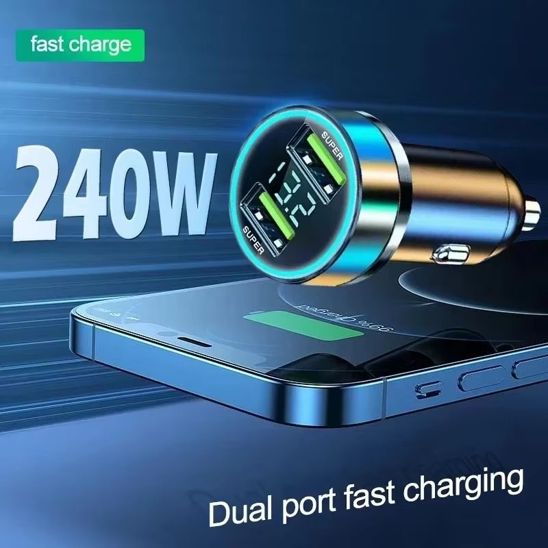 240W Dual USB Fast Charging Car Charger with Digital Display and Ambient Light for 12V/24V Vehicles