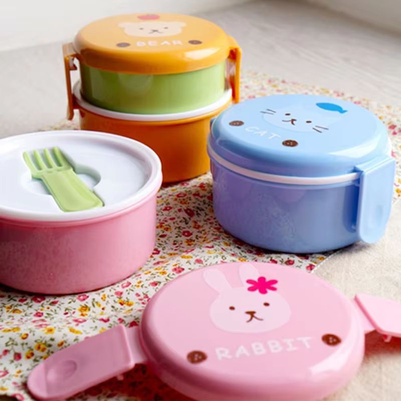 18.26 fl oz Cute Animal Double Layer Bento Lunch Box Round Kids Snack & Fruit Container