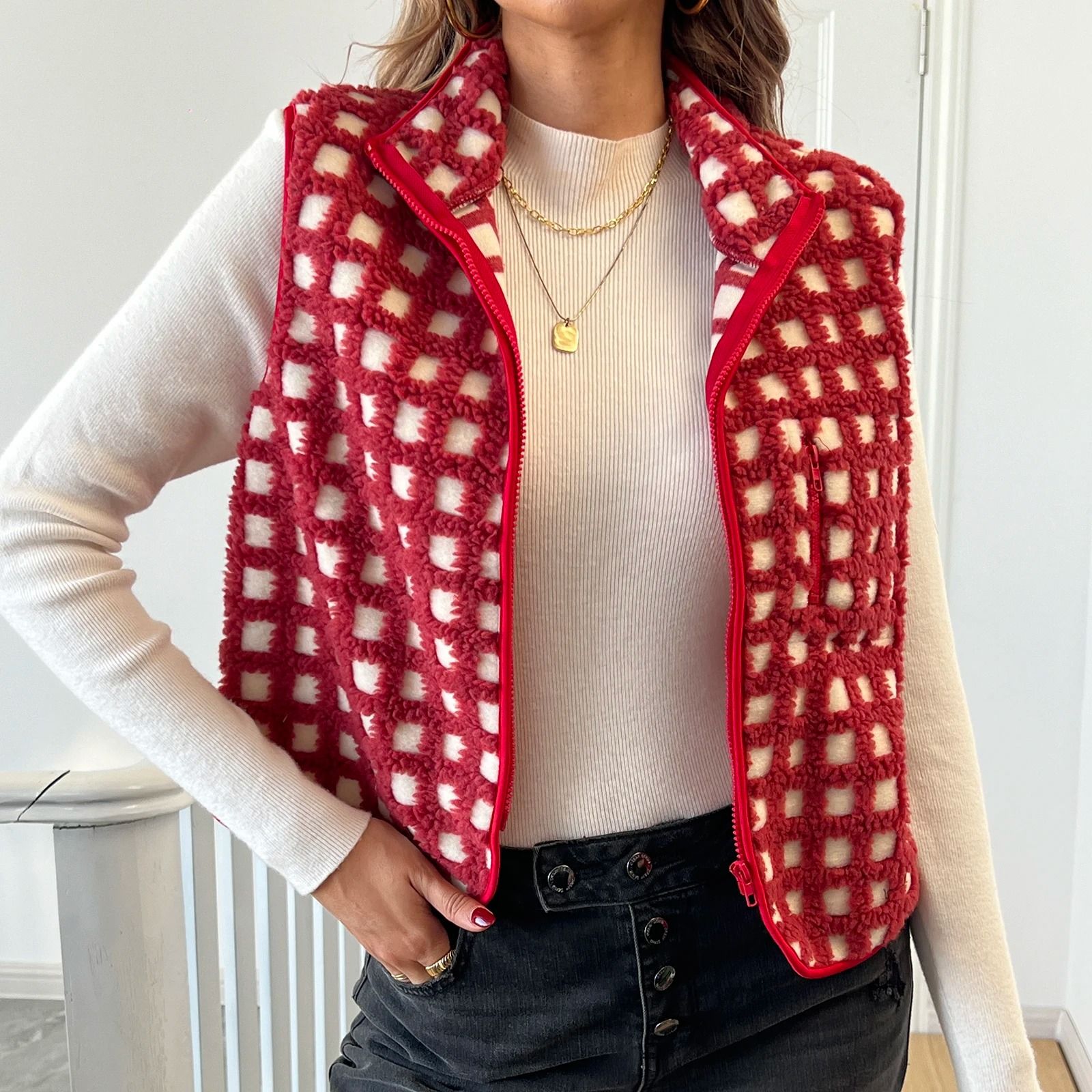 Womens Fuzzy Checkered Vest Zip Up Sleeveless Jacket Vest Warm Stand Collar Casual Outwear