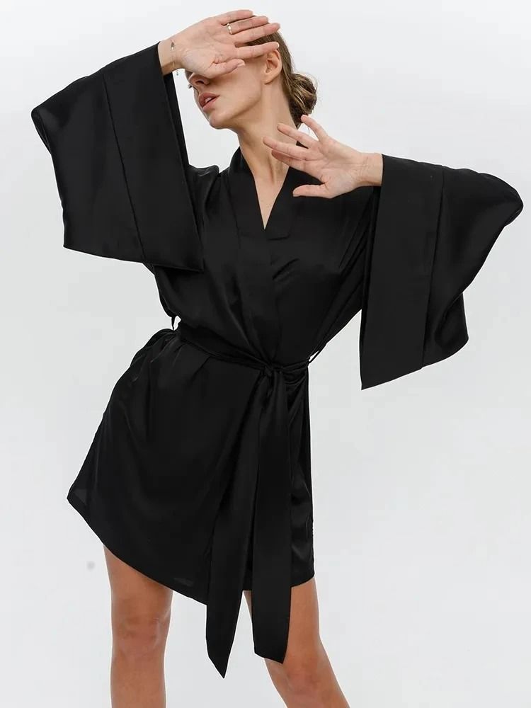 Sexy Flare Sleeve Dressing Gown – Professional V-Neck Nightwear & Loose Black Robe with Sashes