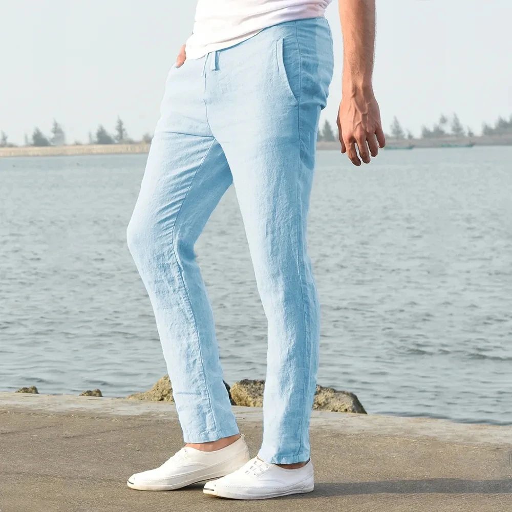 Men's Cotton Linen Breathable Straight-Leg Pants – Casual Elastic Waist Ankle-Length Streetwear Trousers