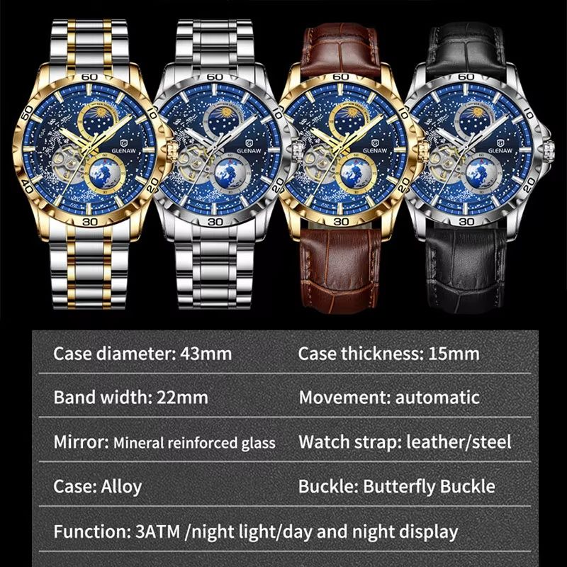 GLENAW Rotating Earth Automatic Mechanical Watch – Double Second Hand Men's Luxury Wristwatch with Starry Sky Dial and S