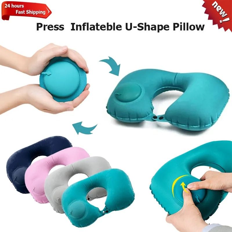 U-Shape Press Inflatable Travel Pillow Portable Folding Neck Support for Airplane and Car