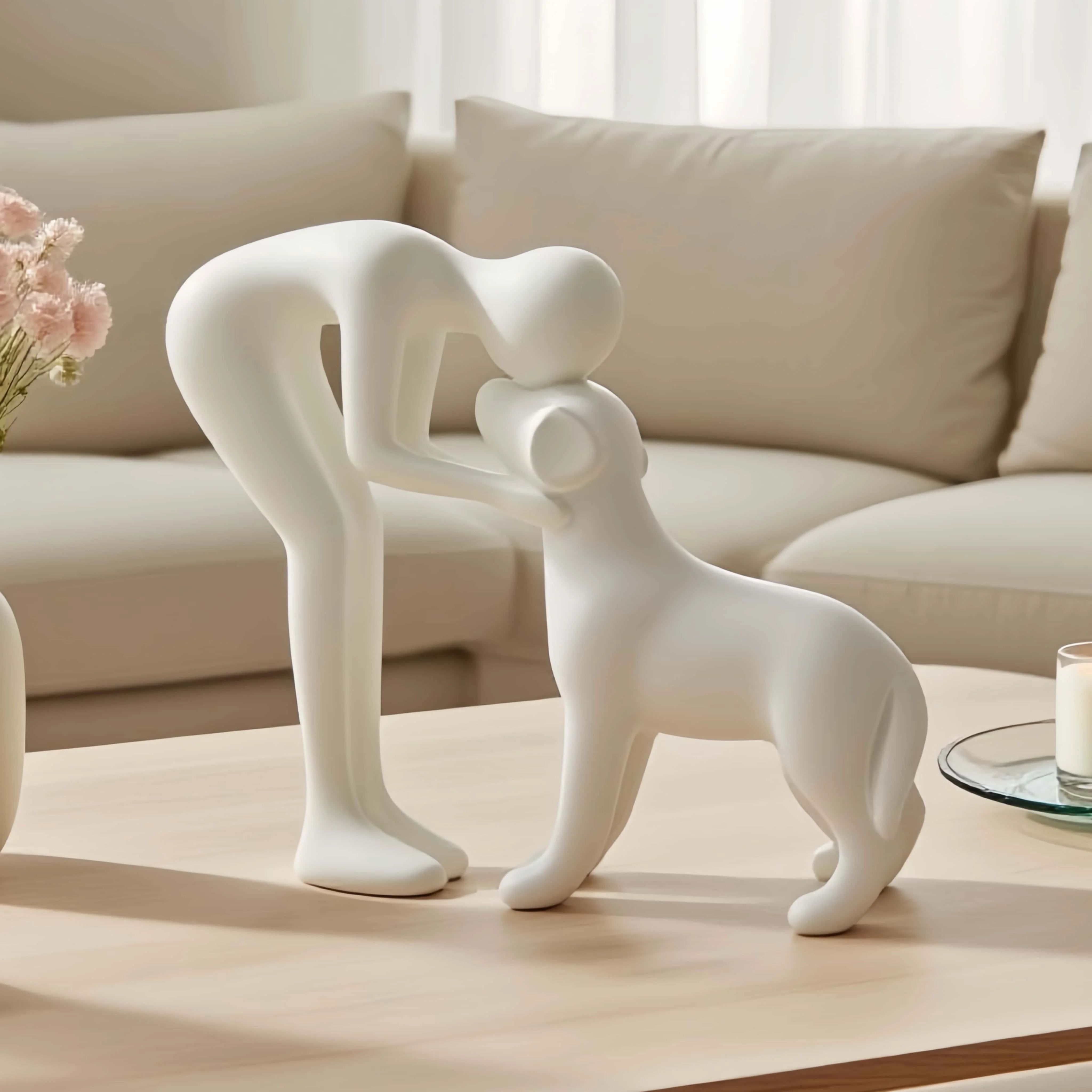 Elegant Black Dog & Owner Bond Statue – Minimalist Pet Lover Gift Decor