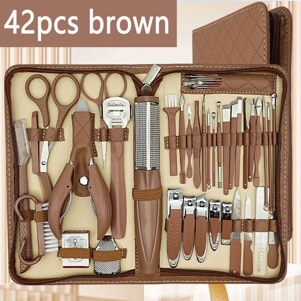 Stainless Steel Manicure & Grooming Kit – 10/42 Piece Set in Premium Zippered Leather Case