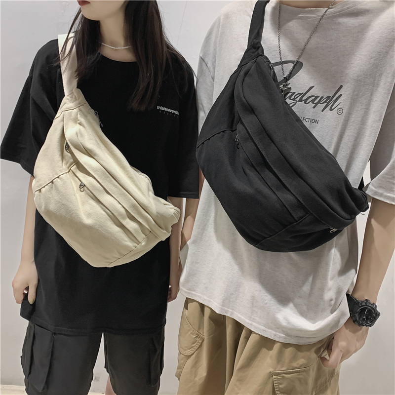 Trendy Unisex Canvas Waist Bag Large Capacity Crossbody Chest Pack for Phones Streetwear & Hip Hop Style