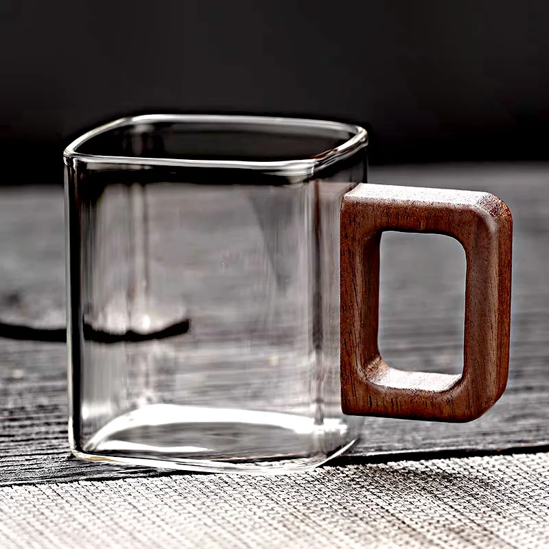 Fresh Ground Coffee Glass Mug with Walnut Wooden Handle, Small Capacity Home Breakfast Milk Tea Cups and Mugs Drinkware