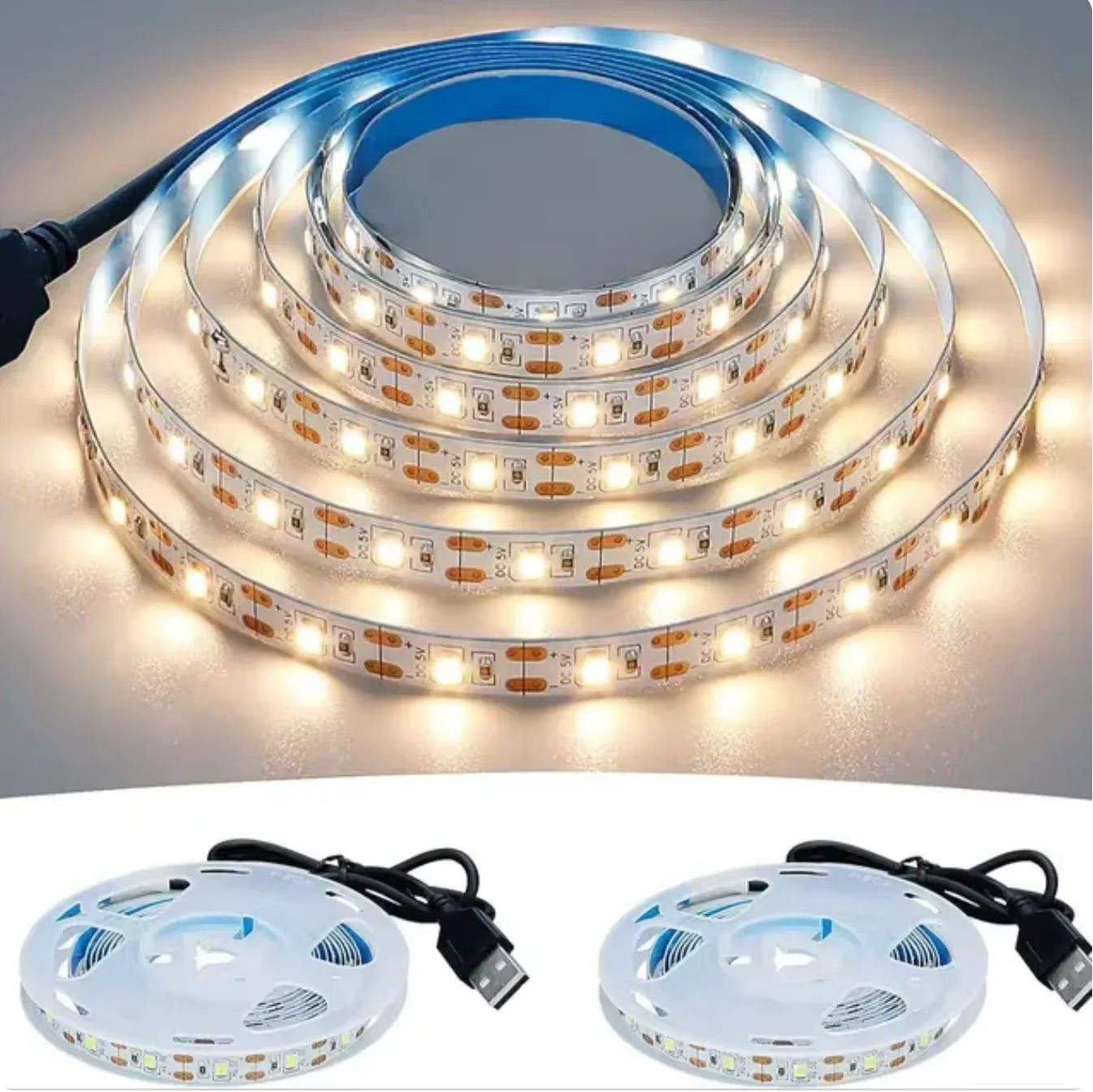GlowFlex USB LED Strip Lights – 2835 White and Warm White Lighting Tape for Home and TV Backlight