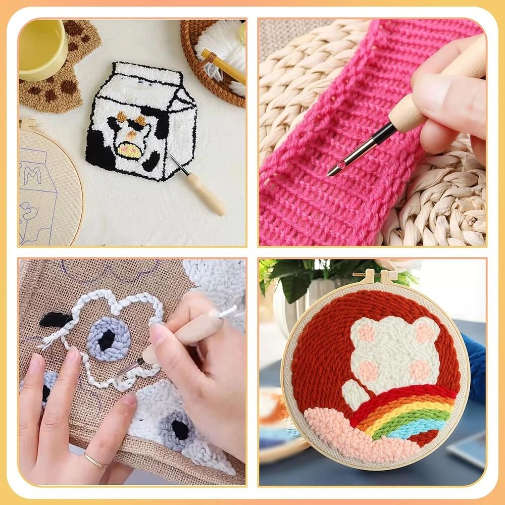 14-Piece Wooden Punch Needle Embroidery Kit Adjustable Set