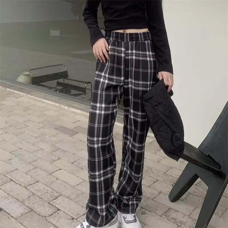 Women's Plush Wide Leg Plaid Pants Warm Cashmere Style Loose Winter Trousers