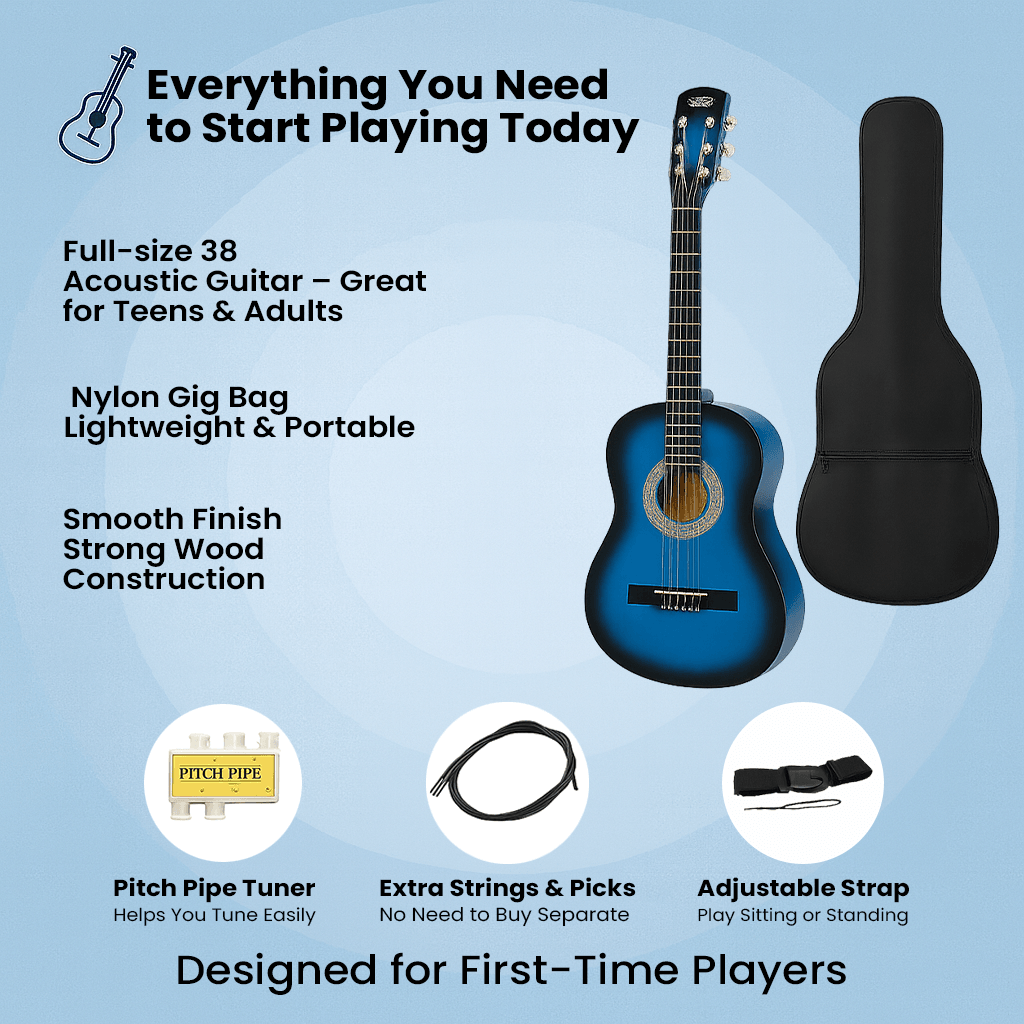 Blue Beginner Acoustic Guitar Bundle w/ Case, Tuner, Strap, Extra Strings