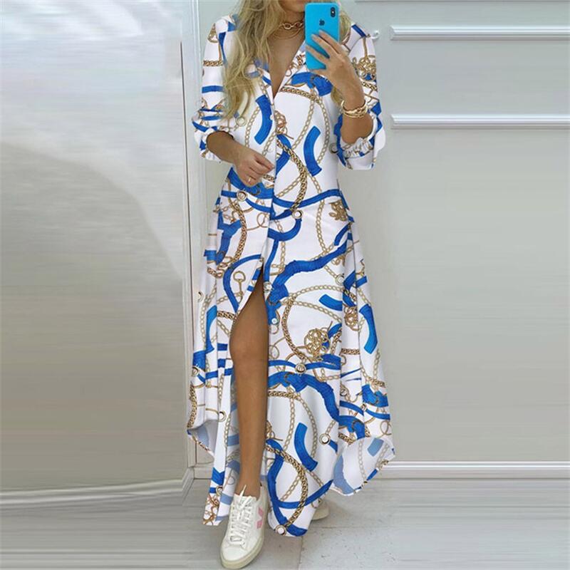 Summer Women Boho Printed Maxi Dresses Turn-down Collar Long Sleeve Casual Split Shirt Elegant Dress Evening Dresses