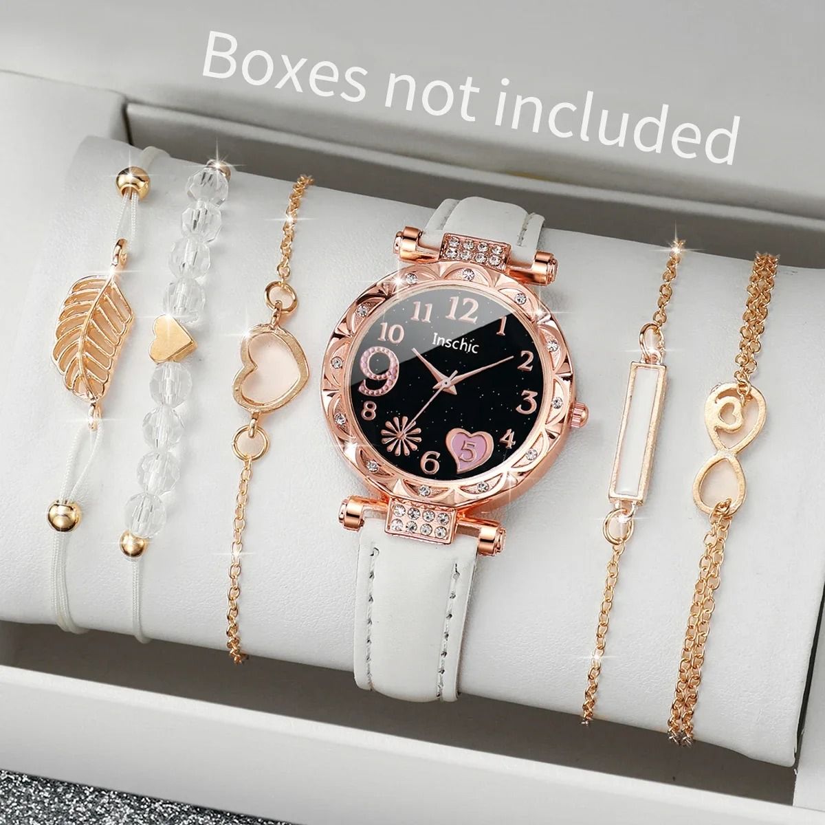 6-Piece Fashion Heart Dial Watch Set – Elegant Leather Band & Leaf Bracelet Collection