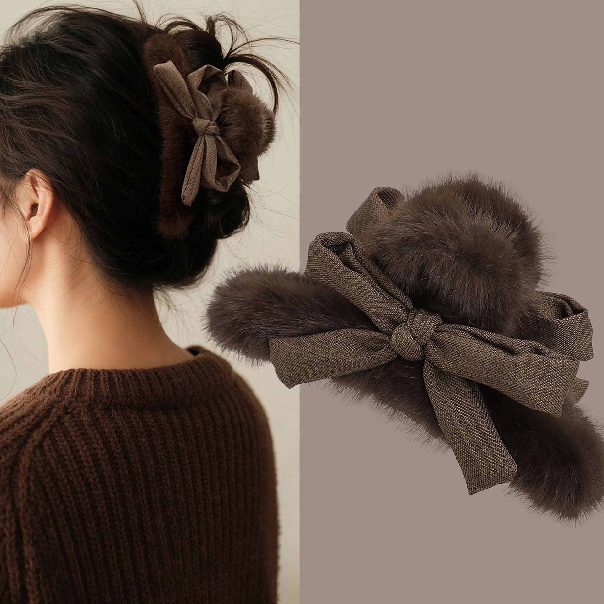 Plush Velvet Rabbit Fur Bow Shark Clip