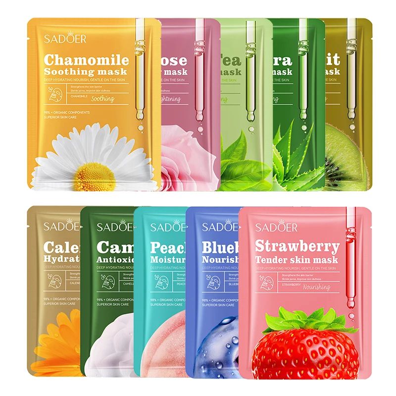 SADOER Fruit Floral Face Mask Set 10pcs Hydrating Chamomile Blueberry Facial Mask for Brightening and Firming Skin