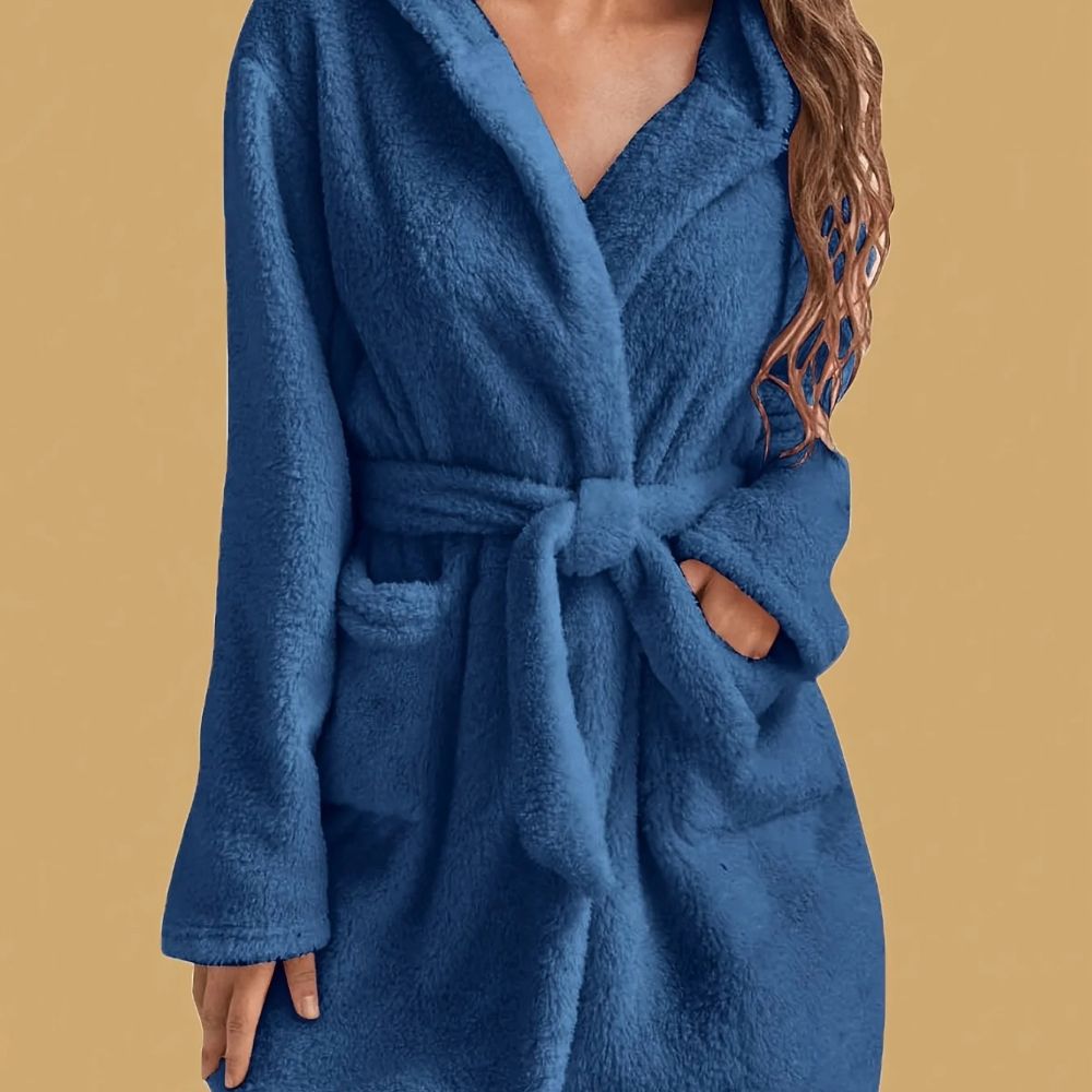 Womens Hooded Fleece Robe with Belt Cozy Autumn Winter Loungewear