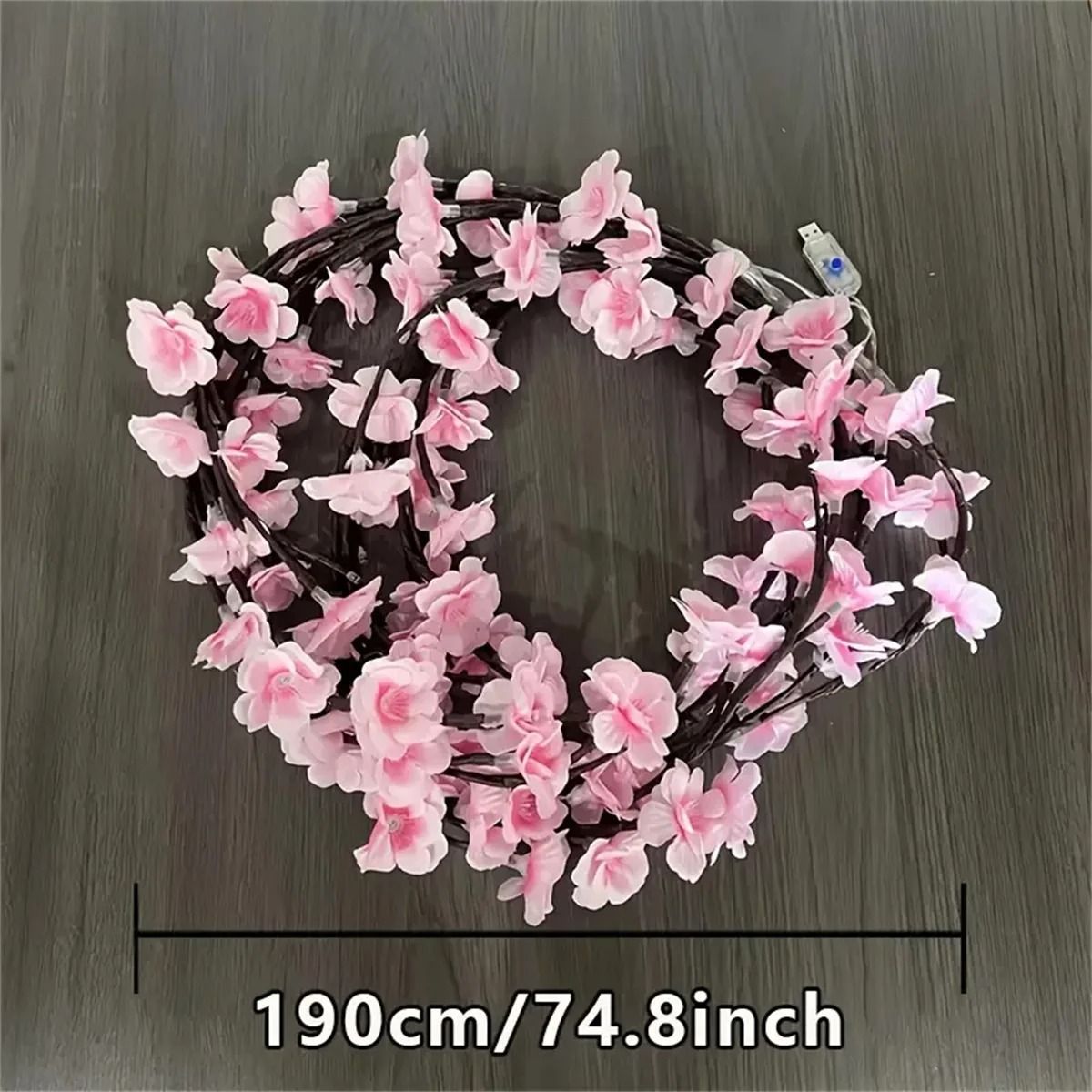 Cherry Blossom USB Tree Branch Rattan Lights with 96 LED Pink Blossoms and 8 Lighting Modes