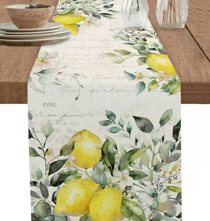 Eucalyptus Lemon Linen Table Runner – Fresh Botanical Farmhouse Dining Decor