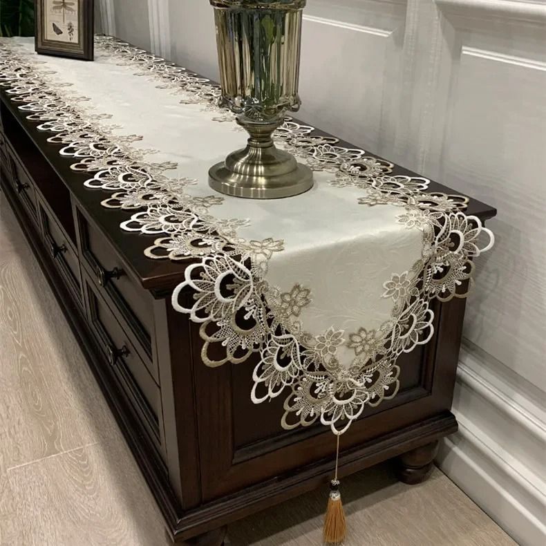 Elegant White Lace Embroidered Table Runner