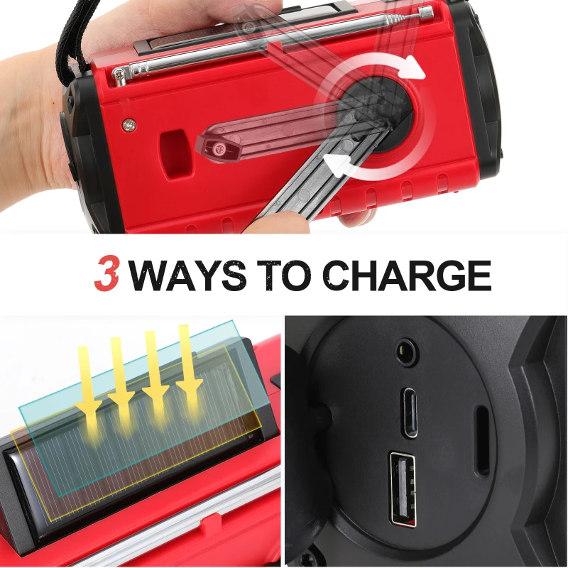 Waterproof Solar Hand Crank Emergency Radio with Power Bank and Flashlight