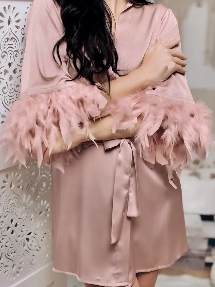 White Feather Robe With Fur, Satin Sleepwear Robes For Women, Full Sleeves Nightgown, Bride Robe Gown Dress