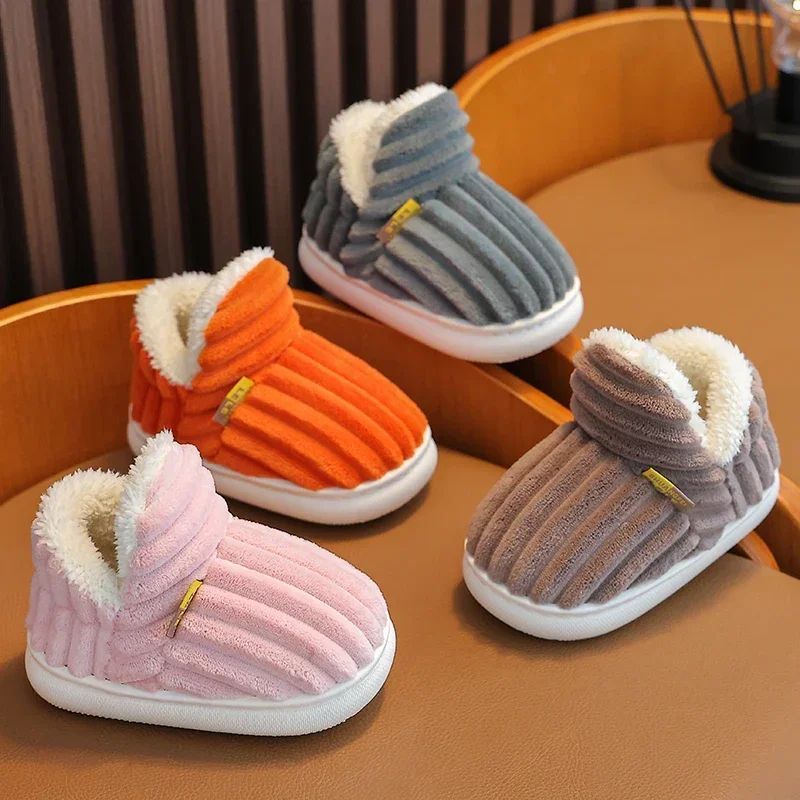 Cozy Stripe Plush Kids Winter Slippers – Non-Slip Warm Indoor House Shoes