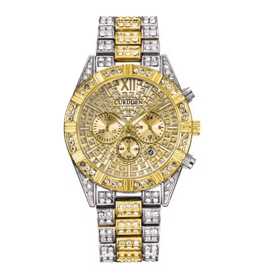 CURDDEN Luxury Gold Diamond Quartz Watch for Men with Alloy Band