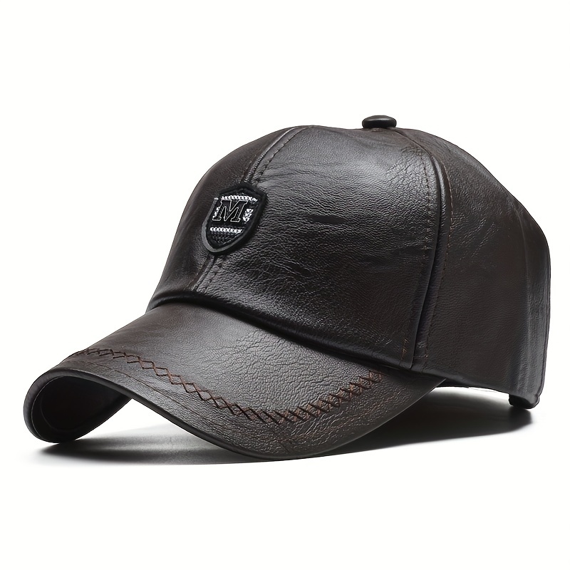 Warm Leather Baseball Cap, Fashion Men Snapback Hat, Adjustable Outdoor Sports Dad Cap for Autumn Winter