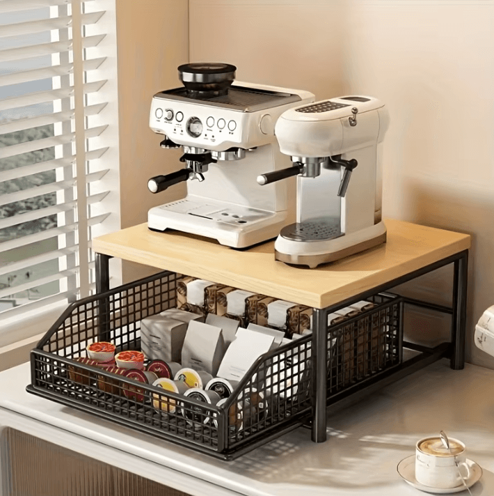 WoodLift Modern Microwave Storage Rack Microwave Storage Rack Kitchen Counter Organizer Wooden Metal Microwave Shelf