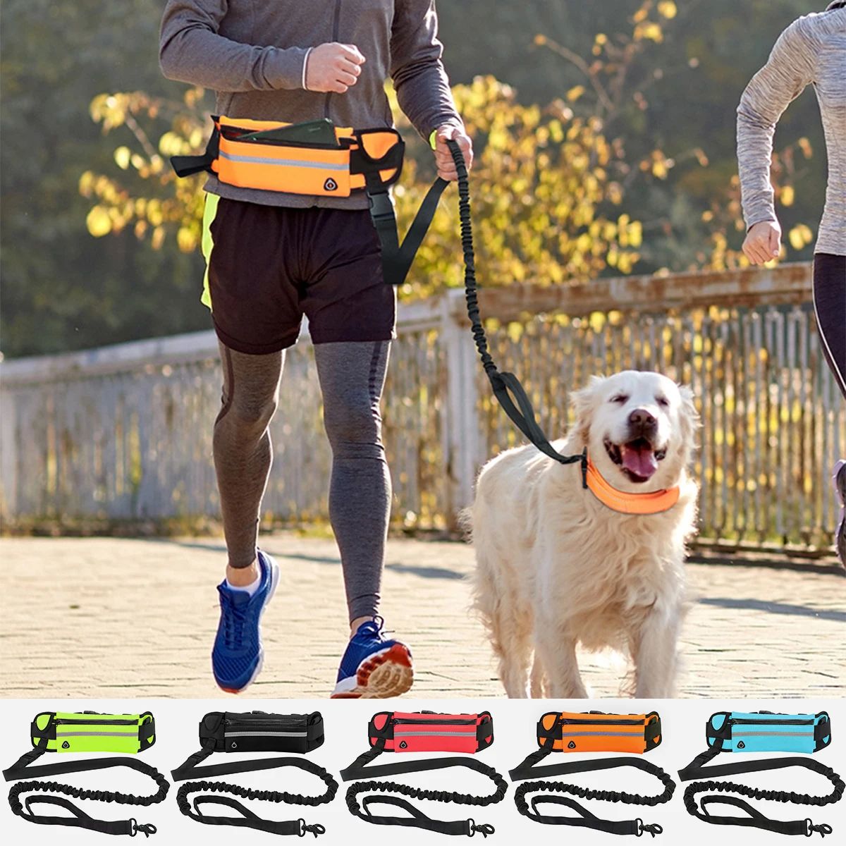 Hands-Free Running Dog Leash with Reflective Elastic Belt & Waist Bag