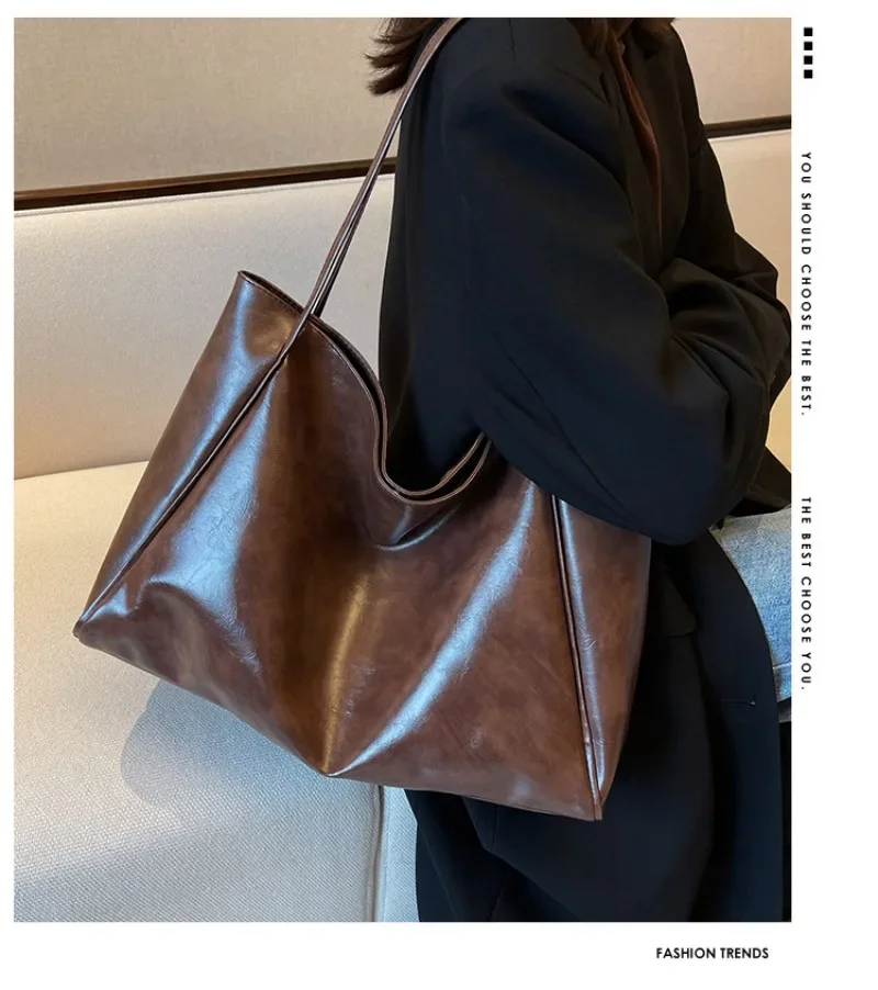 Large Capacity Women Tote Bag, Fashionable Underarm Pouch, Retro PU Leather Shoulder Bag, Casual Crossbody Bucket Bags