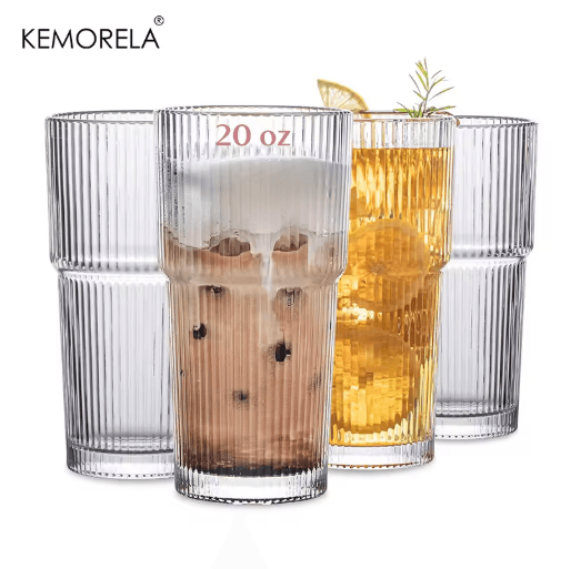 KEMORELA Ribbed Glass Tumbler Set 590 ml Large Capacity Glasses for Iced Coffee Juice and Cocktails 2 to 4 PCS