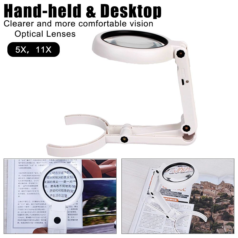 Foldable Lighted Magnifying Glass with Stand, 5x/11x Dual Lens for Reading & Jewelry Appraisal