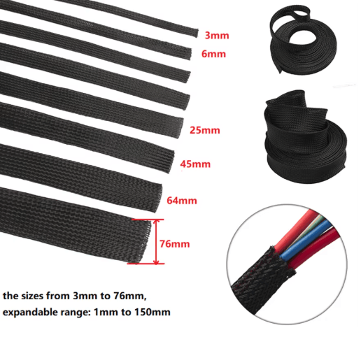 Black PET Braided Cable Sleeving Expandable Wire Protection Sleeve 4 to 25mm 1 yo 50m
