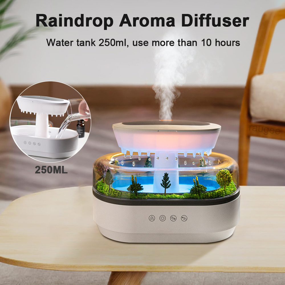 Aroma Humidifier Raindrop Ultrasonic Essential Oil Diffuser with Colorful Light and White Noise for Home