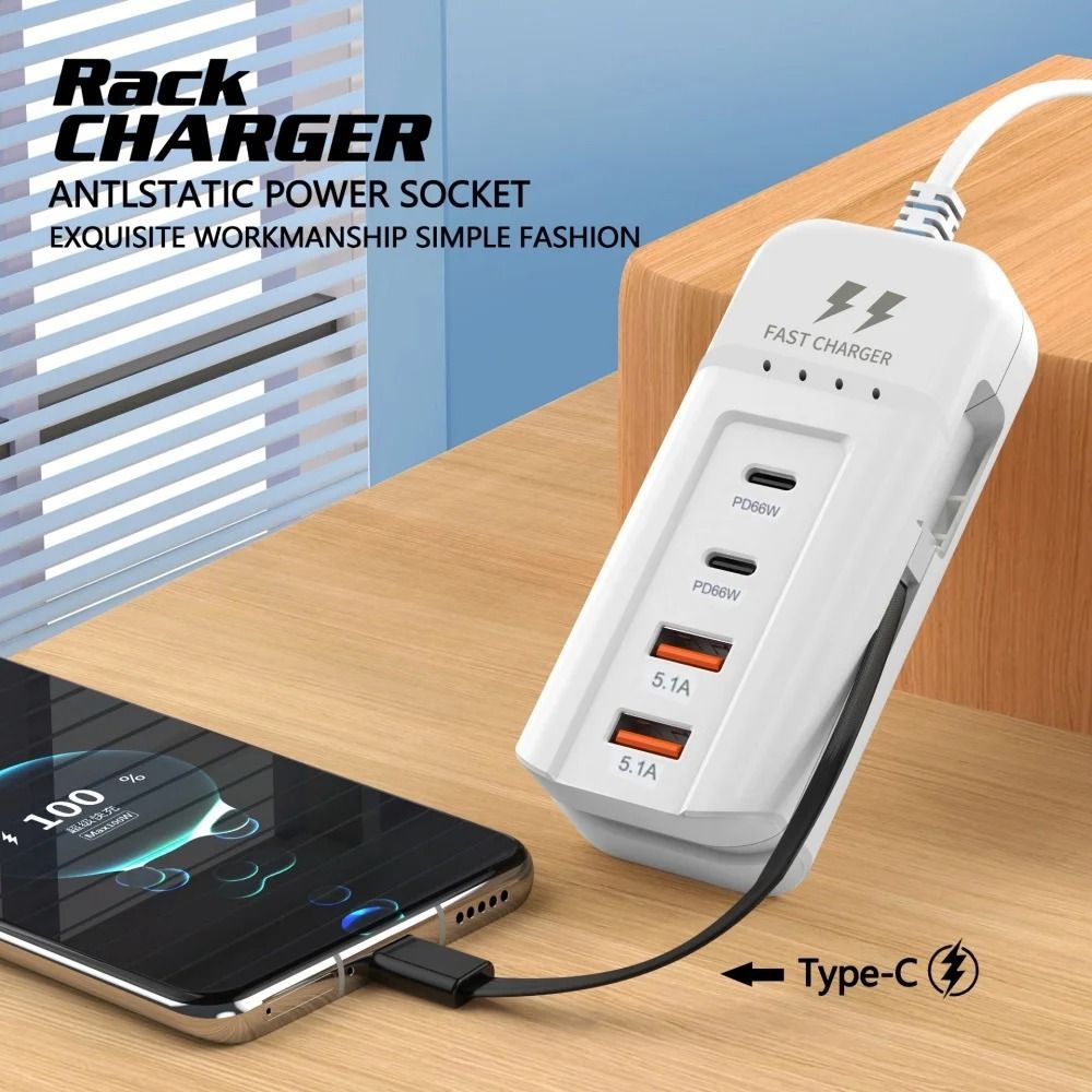 66W PD USB C Fast Charging Wall Charger with Four Port Hub and International Plug Options